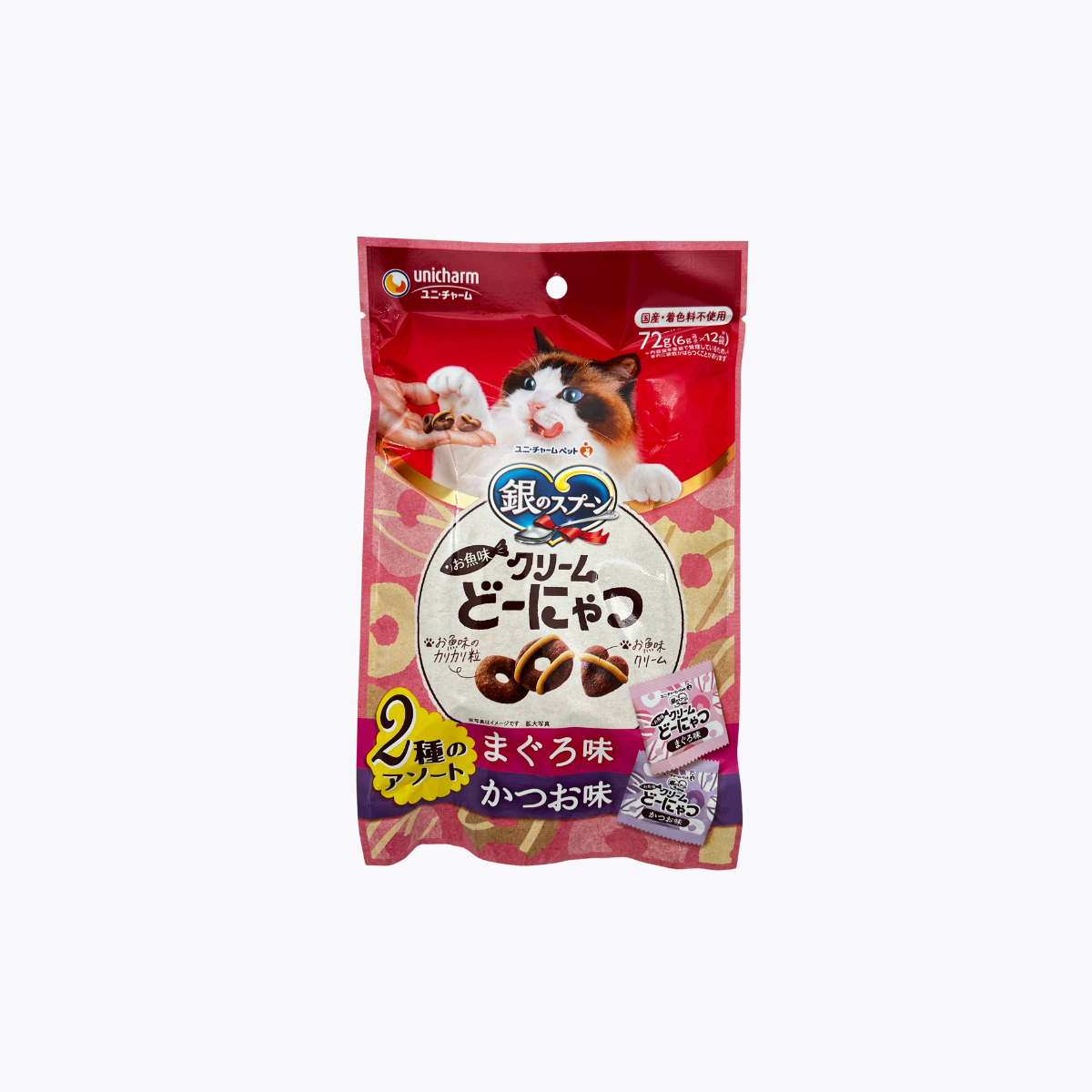 Unicharm 銀湯匙 貓零食 魚風味奶油甜甜圈餅乾 2種風味綜合包(鮪魚 鰹魚)72g(6g×12包)