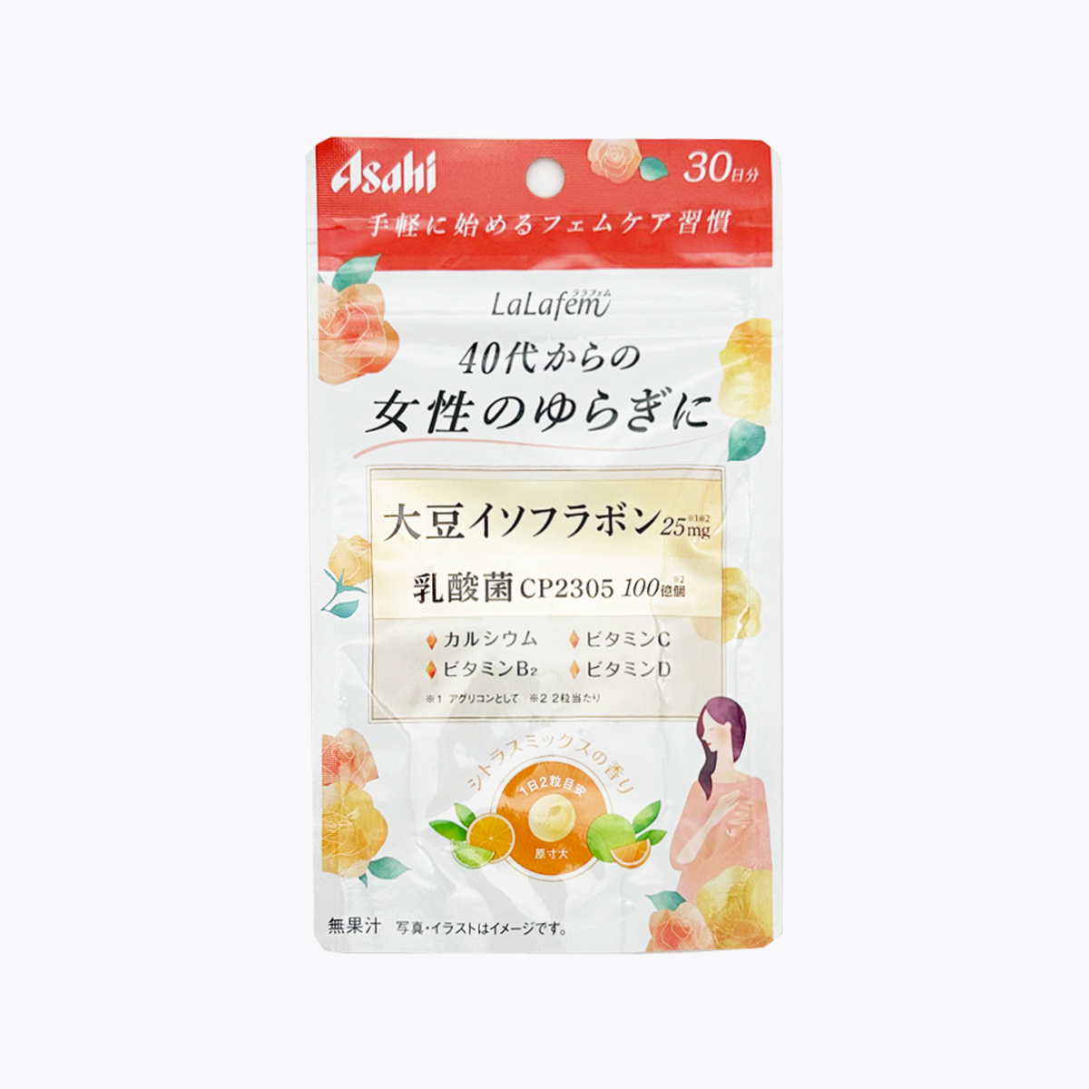 Asahi 朝日 lalafem 大豆異黃酮 乳酸菌 綜合柑橘香味錠 呵護40歲後女性身心變化 女性保養 60粒 30日分
