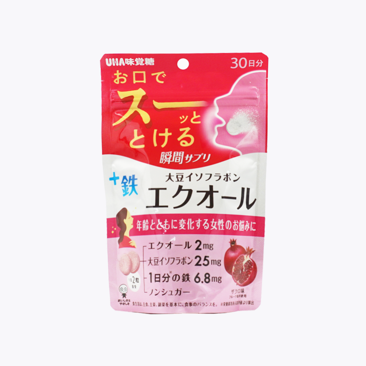 UHA 味覺糖 瞬間融化系列 大豆異黃酮 雌馬酚＋鐵 石榴風味 無糖配方  60粒 30日分