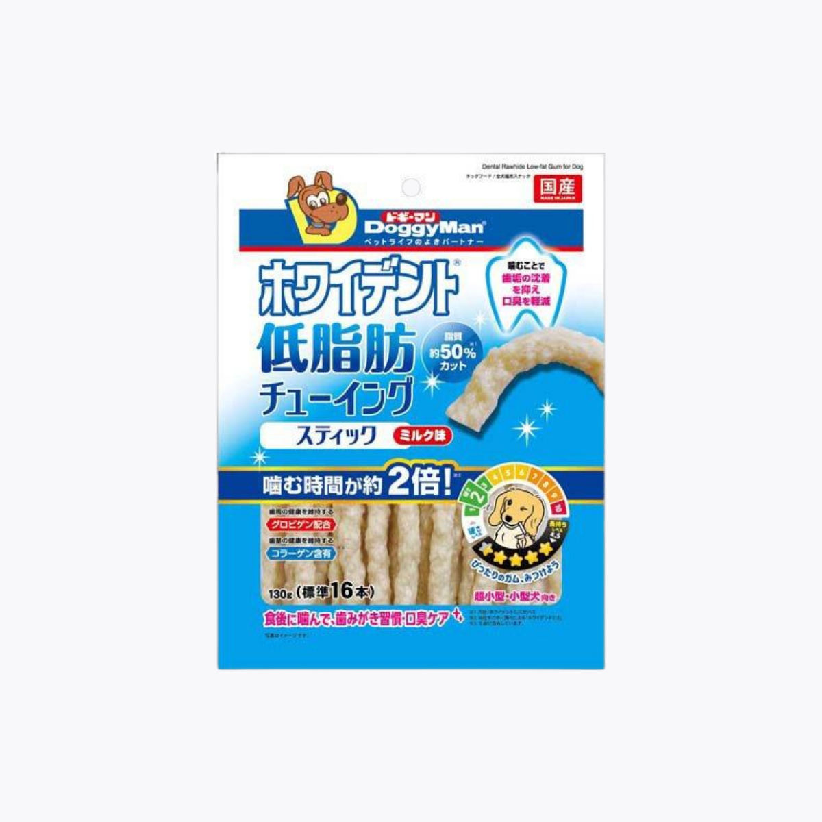 DoggyMan Whitedent 低脂咀嚼棒 牛奶口味 超小型犬 小型犬適用 130g（標準16支）