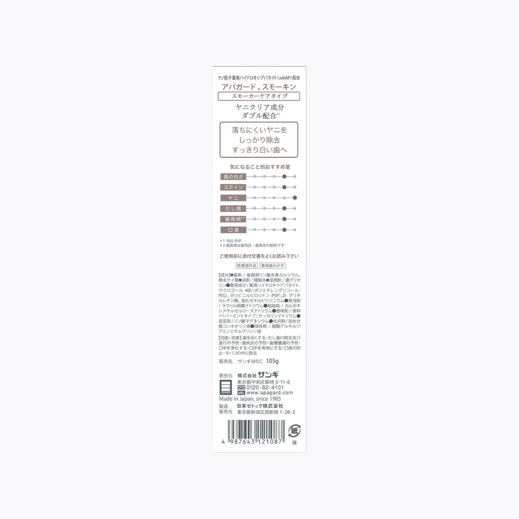 【醫藥部外品】SANGI APAGARD SMOKIN 藥用吸菸族護理牙膏 溫和薄荷 105g